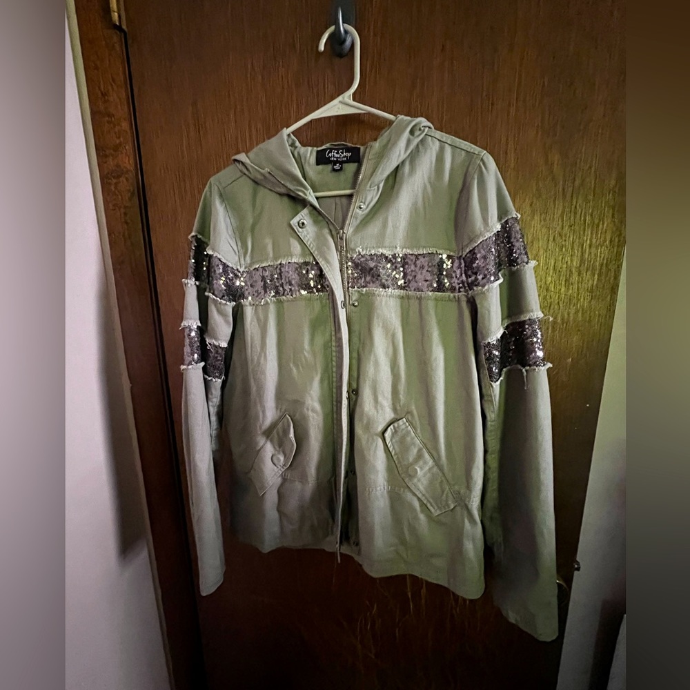 Adorable army green jacket with silver sequins. Purchased from the buckle.